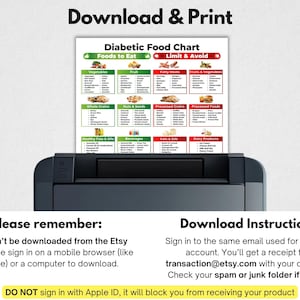 May include: A printed "Diabetic Food Chart" with lists of foods to eat and limit, displayed on a printer. The chart is divided into categories like vegetables, fruits, and grains. The image includes instructions for downloading the file.