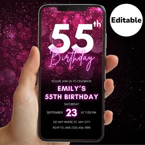 女性向け55歳の誕生日デジタル招待状、55歳の誕生日招待状、デジタル誕生日招待状、招待状テンプレート、ビデオ招待状