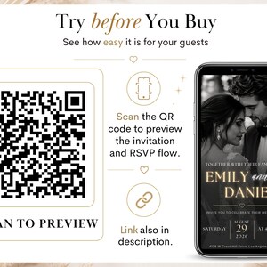 May include: A digital graphic featuring a large black and white QR code with the text SCAN TO PREVIEW. Above it, the text reads Try before You Buy. To the right, a smartphone displays a wedding invitation for Emily and Daniel on August 29, 2026.