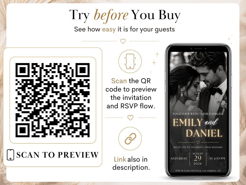 May include: A digital graphic featuring a large black and white QR code with the text SCAN TO PREVIEW. Above it, the text reads Try before You Buy. To the right, a smartphone displays a wedding invitation for Emily and Daniel on August 29, 2026.