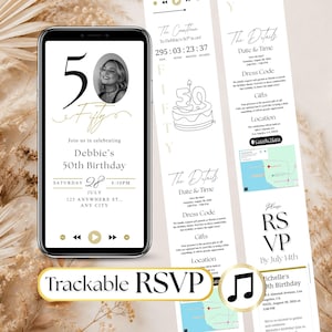 May include: A digital mobile phone screen displaying a 50th birthday invitation for Debbie with a photo, countdown timer, and music player interface, alongside a vertical layout of event details including date, time, dress code, and RSVP information.