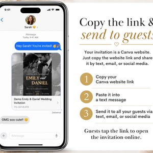 May include: A smartphone screen displaying an iMessage conversation with a wedding invitation link. The text reads: Copy the link & send to guests. Your invitation is a Canva website. Just copy the website link and share it by text, email, or social media.