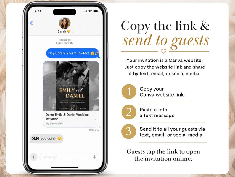 May include: A smartphone screen displaying an iMessage conversation with a wedding invitation link. The text reads: Copy the link & send to guests. Your invitation is a Canva website. Just copy the website link and share it by text, email, or social media.