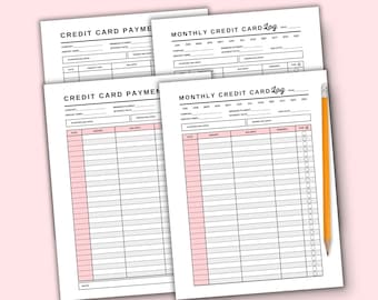 Pode incluir: Quatro folhas de cálculo imprimíveis para pagamento e registro de cartão de crédito. As folhas são em preto e branco com destaques rosa. As folhas são projetadas para ajudar você a acompanhar seus pagamentos e saldos de cartão de crédito.