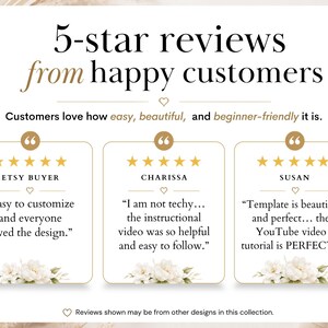 May include: A white graphic featuring the text 5-star reviews from happy customers. Three testimonial boxes display five gold stars, names, and quotes from Etsy Buyer, Charissa, and Susan, with small floral illustrations at the bottom of each box.