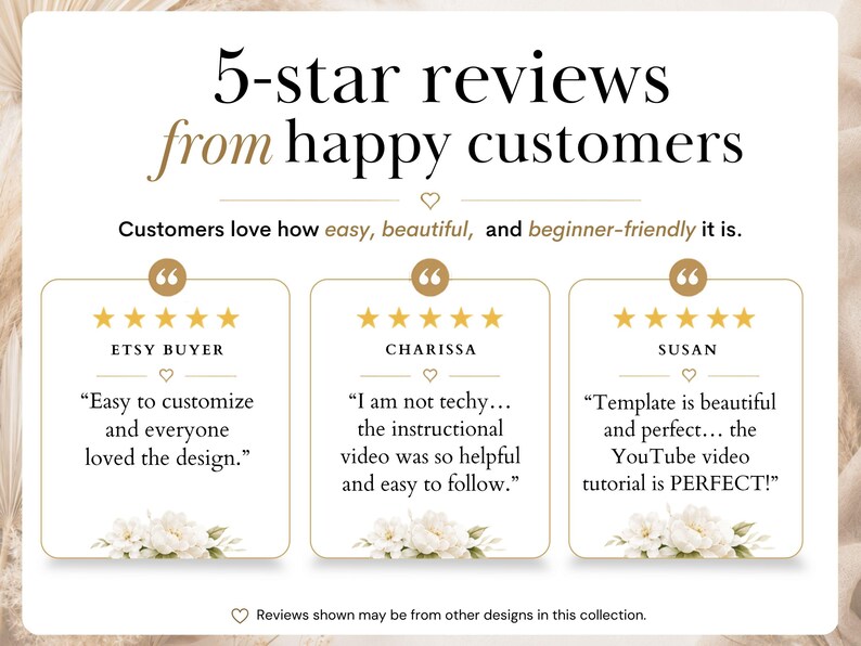 May include: A white graphic featuring the text 5-star reviews from happy customers. Three testimonial boxes display five gold stars, names, and quotes from Etsy Buyer, Charissa, and Susan, with small floral illustrations at the bottom of each box.