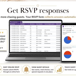 May include: A digital RSVP management tool displayed on a laptop and smartphone screen. The laptop shows a spreadsheet of guest responses, while the smartphone displays pie charts of attendance data. Text includes Get RSVP responses and a testimonial.