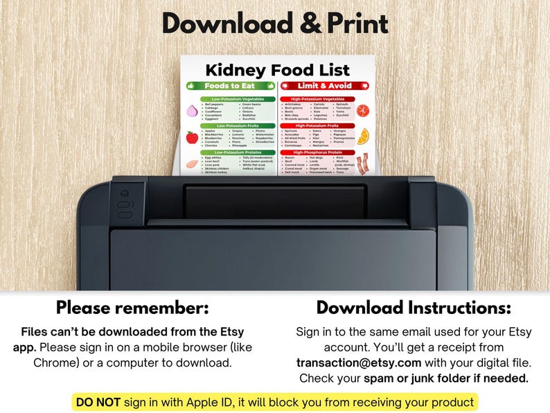 May include: A printed "Kidney Food List" with "Foods to Eat" and "Limit & Avoid" sections is displayed in a printer. The list includes vegetables, fruits, and proteins. The top of the image says "Download & Print".