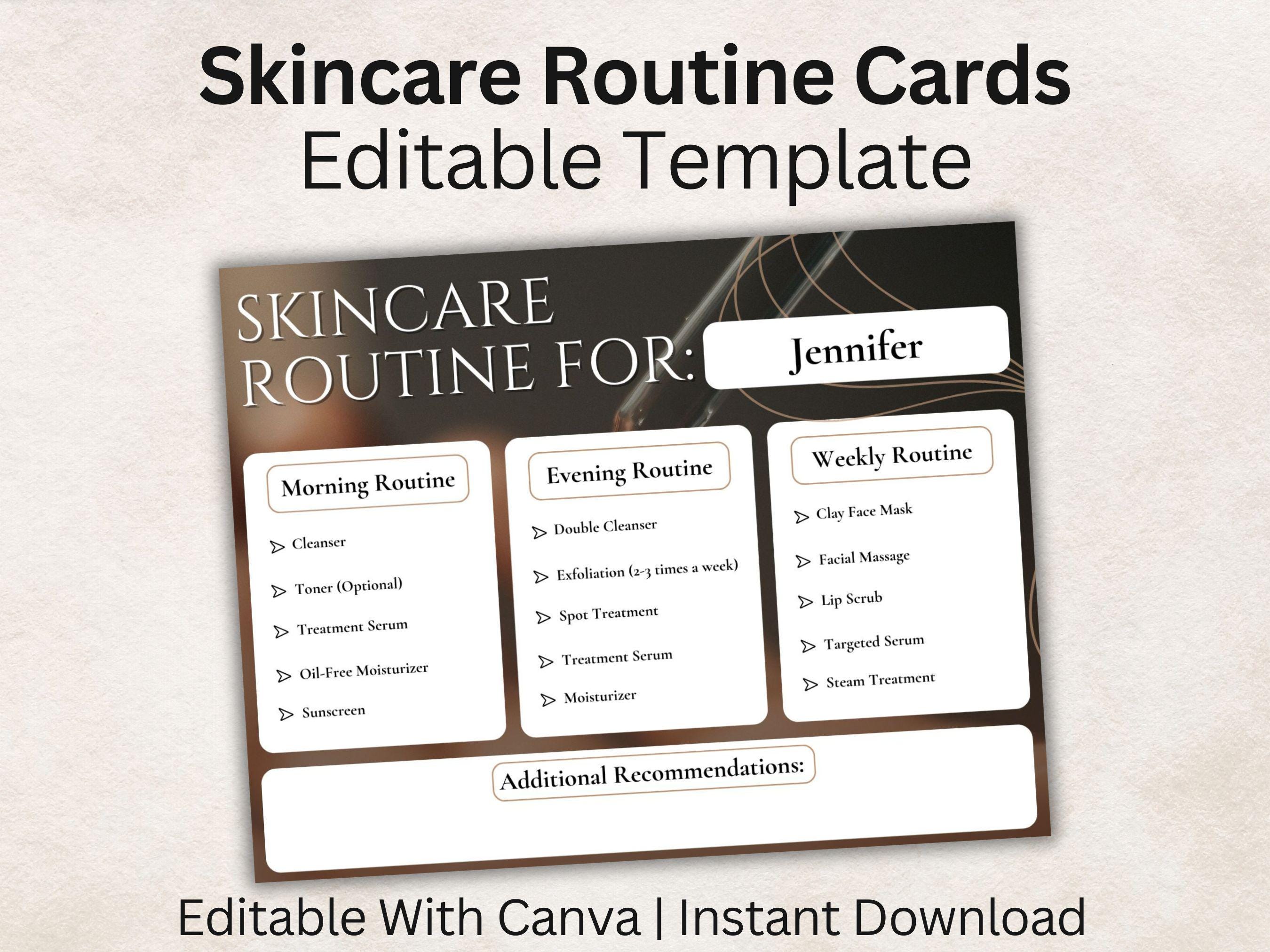 Skincare Routine, Cards, Editable, Esthetician Template, Esthetician Forms, Skincare Chart, Skincare Planner, Treatment Plan, Skincare, PDF