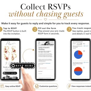 May include: An infographic titled Collect RSVPs without chasing guests, showing three steps: Tap to RSVP, Fill out the form, and You track responses. Three smartphones display an invitation, a wedding RSVP form, and a real-time response dashboard.