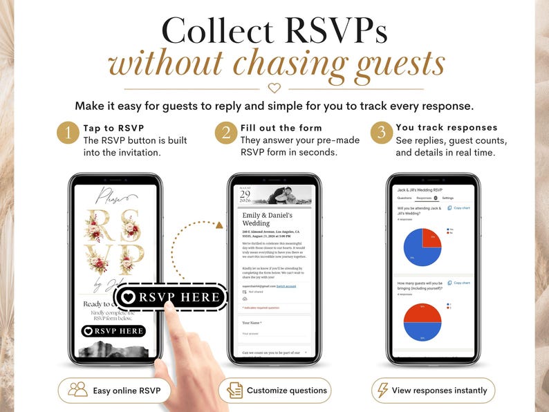 May include: An infographic titled Collect RSVPs without chasing guests, showing three steps: Tap to RSVP, Fill out the form, and You track responses. Three smartphones display an invitation, a wedding RSVP form, and a real-time response dashboard.