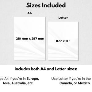May include: Image showing two paper sizes: A4 (210 mm x 297 mm) and Letter (8.5" x 11"). Text indicates A4 is for Europe, Asia, Australia, etc., and Letter is for the U.S., Canada, and Mexico. The text "Sizes Included" is at the top.