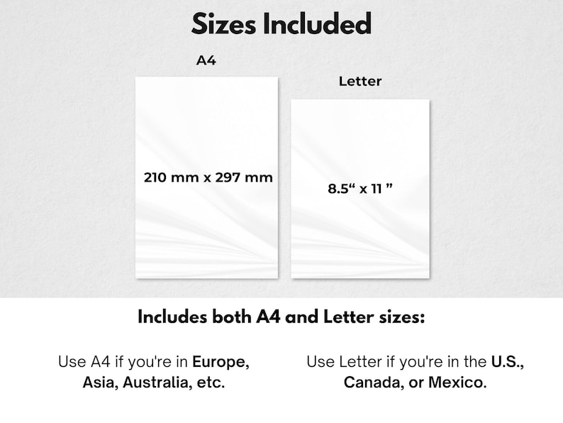 May include: Image showing two paper sizes: A4 (210 mm x 297 mm) and Letter (8.5" x 11"). Text indicates A4 is for Europe, Asia, Australia, etc., and Letter is for the U.S., Canada, and Mexico. The text "Sizes Included" is at the top.
