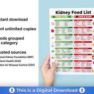 May include: A digital download titled "Kidney Food List" held by hands. The list categorizes foods to eat and foods to limit or avoid. Includes text: "Instant download," "Print unlimited copies," "Foods grouped by category," and "Trusted sources."