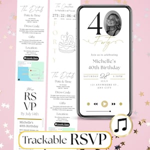 May include: A digital invitation on a smartphone screen for Michelle's 40th birthday, featuring a photo, the number 40, and event details. The design includes gold accents and a music note icon. Additional details are on a vertical banner.