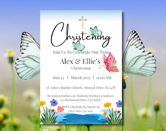 Christening Invitation for Twins, 5x7 Printable Invitations, DIY Evite, Baptism Invite, Mobile Evite, Animated Baby, Gender Neutral Invite,