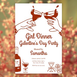 Girl Dinner Galentine Party Invitation | Galentine&#39;s Day | Girls Night | Girls Brunch | Vintage Style Editable Digital Invitation Template