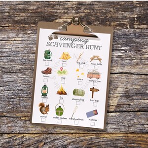 Printable Camping Scavenger Hunt for Kids Watercolor Full Color for Road Trips RV Summer Vacation National Park Campout Birthday Game Sheet