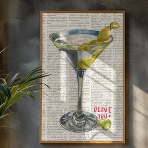 Dirty Olive Martini Poster, Watercolor Art Print, Kitchen Wall Decor, Cocktail Lover Gift, Bar Decor, Olives Tini, Gift for Her Him