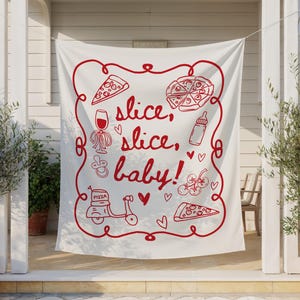 Slice Slice Baby Shower Welcome Banner, Red Italian Theme Pizza Décor, Large That’s Amore Doodle Backdrop Fabric Flag