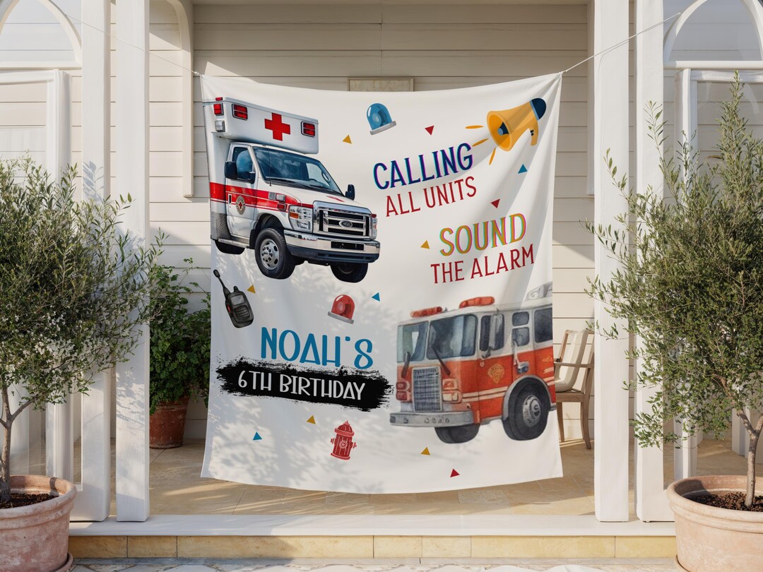 Firefighter Birthday Backdrop, Emergency Vehicles Banner, First ...