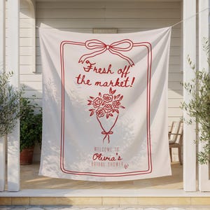 Fresh Off the Market Bridal Shower Backdrop, Farmers Flowers Bridal Shower Décor, She’s Off the Market Floral Hand Drawn Pink & Red Banner