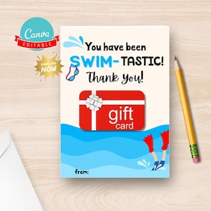 Swim Coach Gift Card Holder, Personalized Coach Appreciation Gift, Swim Instructor Thank You Card, Printable & Canva Editable