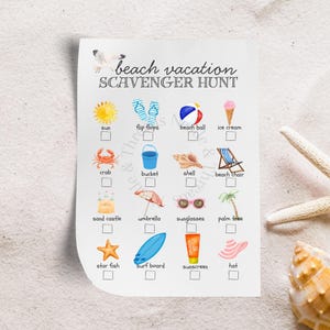 Printable Beach Summer Scavenger Hunt for Kids Watercolor Seaside Summertime Fun, Coast Resort Days Nature Walk Beach Theme Party Game Sheet