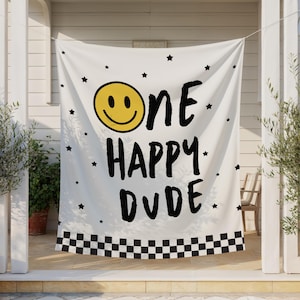 One Happy Dude Birthday Backdrop | Happy Face 1st Birthday Banner | One Happy Dude First Birthday Party Decor Wall Tapestry