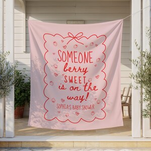 Aangepaste iemand Berry Sweet baby shower achtergrond | Grote stoffen vlagbanner babyshower aardbei voor meisje | Douchedecoratie bessen