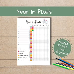 Year in Pixels Mood Tracker Afdrukbaar Bullet Journal Dagelijkse beoordelingstabel Pagina voor welzijn, zelfrespect en vertrouwen, afdrukbare MoodChallenge-pdf