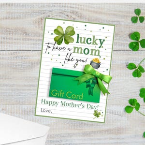 Tarjetero para el Día de la Madre, Tarjeta imprimible para el Día de la Madre, Tarjeta de regalo para mamá, Descarga instantánea, Canva, Trébol irlandés para mamá de la suerte