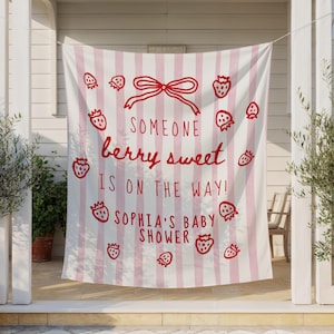 Gepersonaliseerde iemand Berry Sweet achtergrond voor babyshower | Grote stoffen vlagbanner babyshower aardbei voor meisje | Douchedecoratie bessen