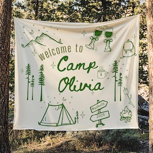 Custom Camp Bach Tapestry Personalized Camping Bachelorette Banner Decor Girls Weekend Backdrop Lake Bach Camp Birthday Party Welcome Sign