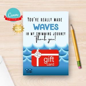 Swim Coach Gift Card Holder, Personalized Coach Appreciation Gift, Swim Instructor Thank You Card, Printable & Canva Editable