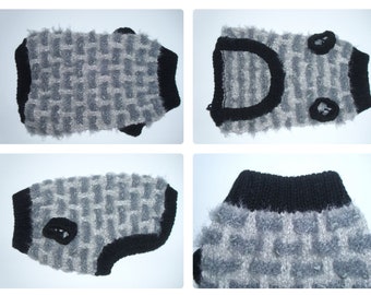 Small dog sweater hand knit. Dogs less than 5 lbs- Chihuahua, Yorkie,Toy Poodle. Gray acrylic yarn and soft boucle plush yarn. Ready to ship