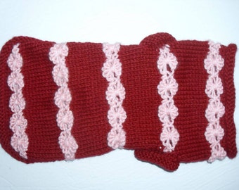 Dog sweater XS size hand knit. Dogs less than 5 lbs. Chihuahua, Yorkie,Toy Poodle. Cranberry Red and Pink flowers. Hand knit. Ready to ship.