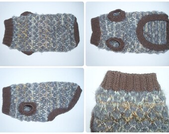 Dog sweater XS size hand knit. Dogs less than 5 lbs. Brown and charcoal  plush boucle yarn. Thick winter dog sweater. Ready for shipping.