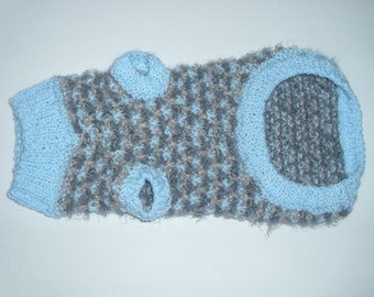 Small dog sweater hand knit. Tweed design blue ,light gray yarn and charcoal gray plush boucle yarn. Blue ribbed borders. Ready to ship.