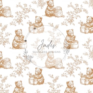 Könnte beinhalten: Ein nahtloses Muster mit braunen Teddybären mit Honigtöpfen und floralen Elementen auf weißem Hintergrund. Die Bären sind im Vintage-Stil dargestellt, mit dem Text "Jades Seamless Designs" in der Mitte.