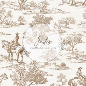 May include: A seamless pattern in sepia tones featuring a pastoral scene with riders on horseback, trees, and buildings. The design includes the text "Jades Seamless Designs" within a circular frame, suitable for various digital applications.