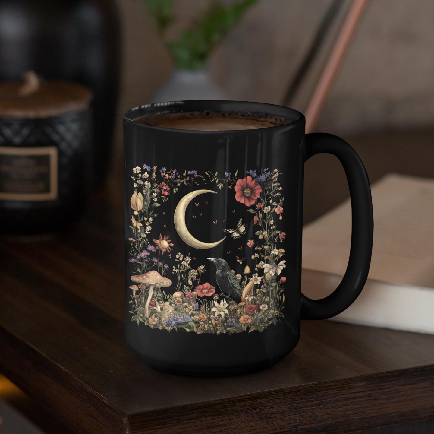 Crescent Moon and Wildflower Raven Mug, Dark Cottagecore Design Mug ...