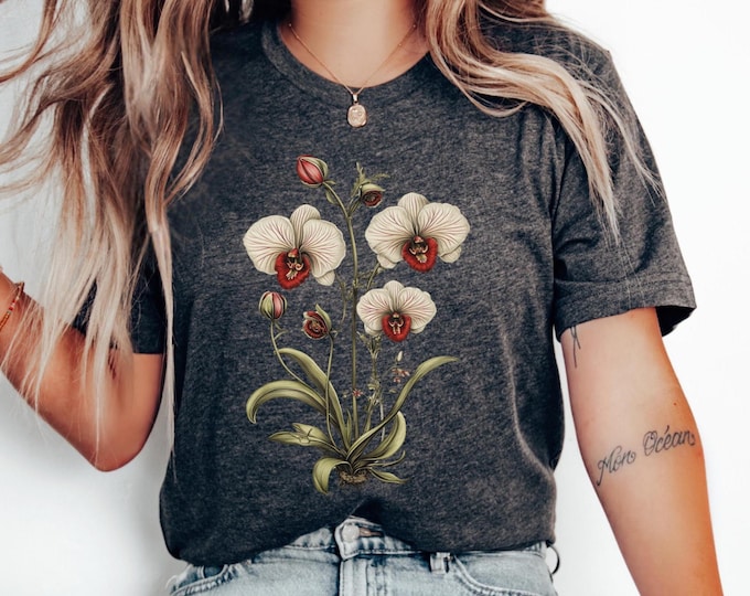 Vintage Orchid Shirt, Botanical Graphic Tee, Cottagecore Plant Lover Gift, Garden Witch Aesthetic, Vintage Floral T-Shirt, Nature Lover Tee