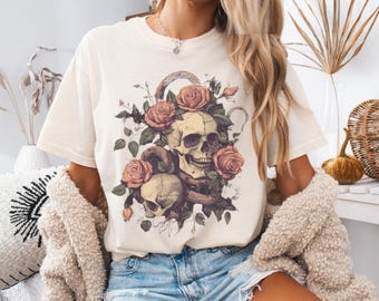 Skull and Roses Shirt, Comfort Colors Vintage Skull Shirt, Witchy Aesthetic Shirt, Dark Cottagecore, 90s Tattoo Art Shirt