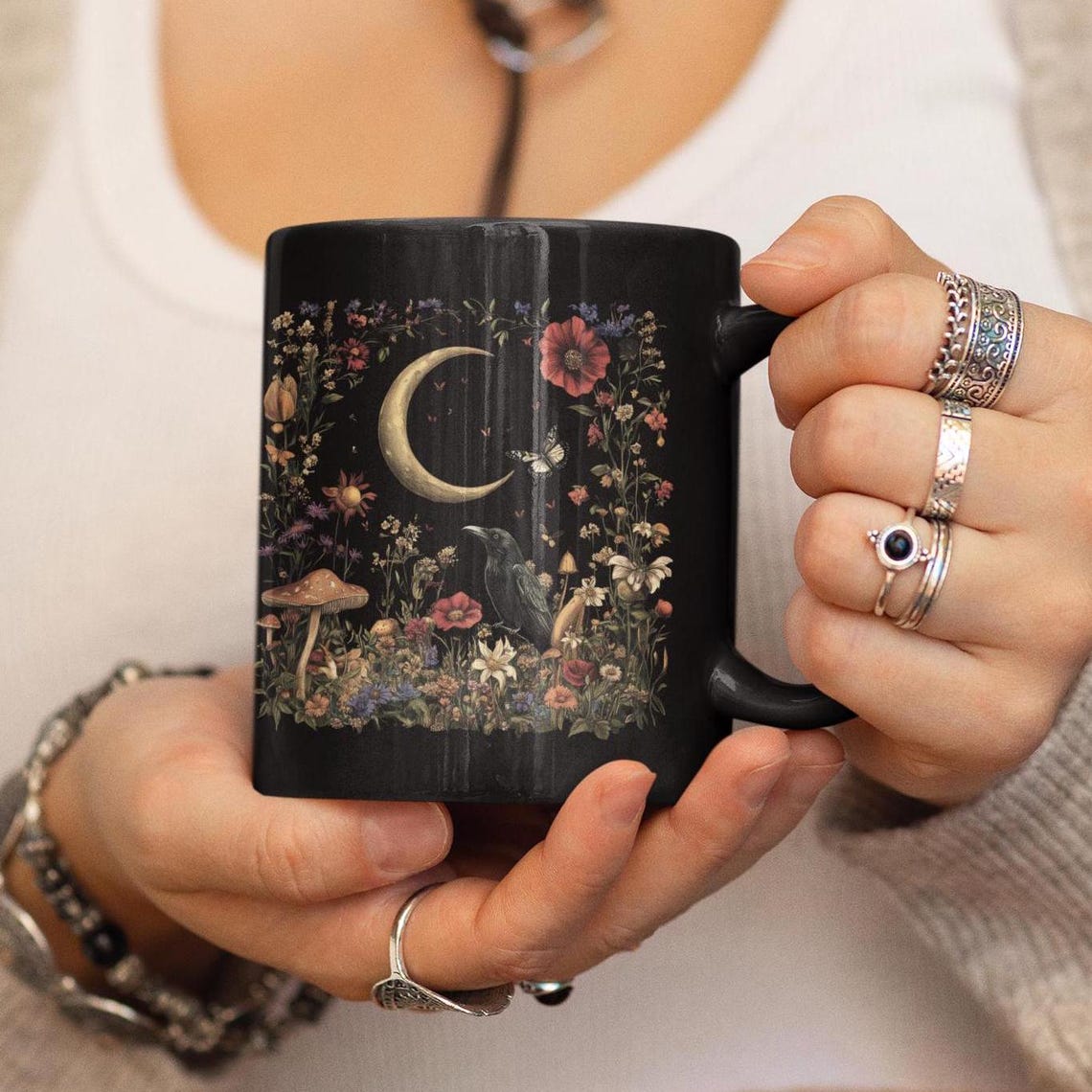 Crescent Moon and Wildflower Raven Mug, Dark Cottagecore Design Mug ...