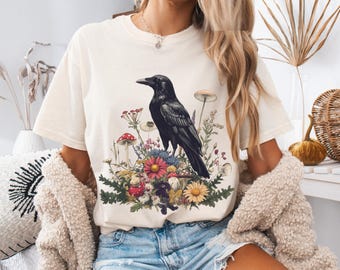 Vintage Raven Shirt, Victorian Gothic Graphic Top, Dark Cottagecore, Witchy Top, Spooky Season, Goblincore Raven Shirt, Dark Academia Shirt