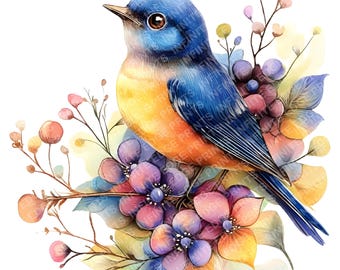 Floral Bird Clipart: Spring Blossom Branch JPG (Digital Download)