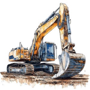 12 Clipart di escavatori, Clipart acquerello stampabili, Design di veicoli da costruzione, JPG di alta qualità, Arte murale, Artigianato di carta, Diario, Grafica