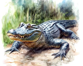 Watercolor Alligator Clipart: Reptile Art, Wildlife Illustration (JPG Files, Digital Download