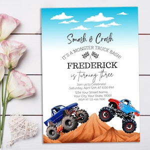 Monster Truck Birthday Invitation, birthday invitation for boys, Phone Invitation Customizable Canva Template, digital 5x7 invitation